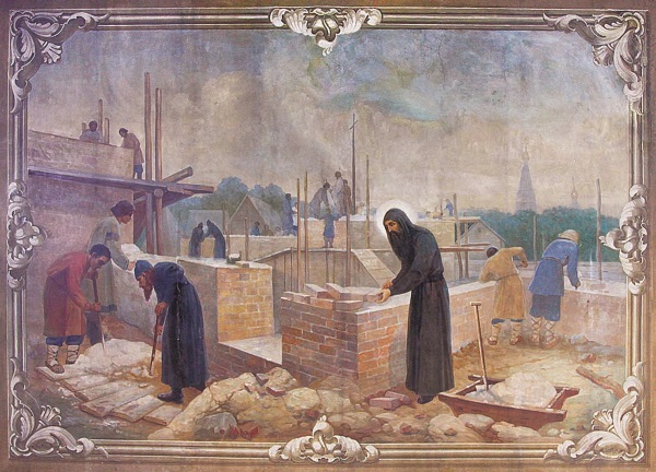 Св Питирим епископ Тамбовский на строительстве собора. Фрагмент росписи собора. Фото из открытых источников интернет