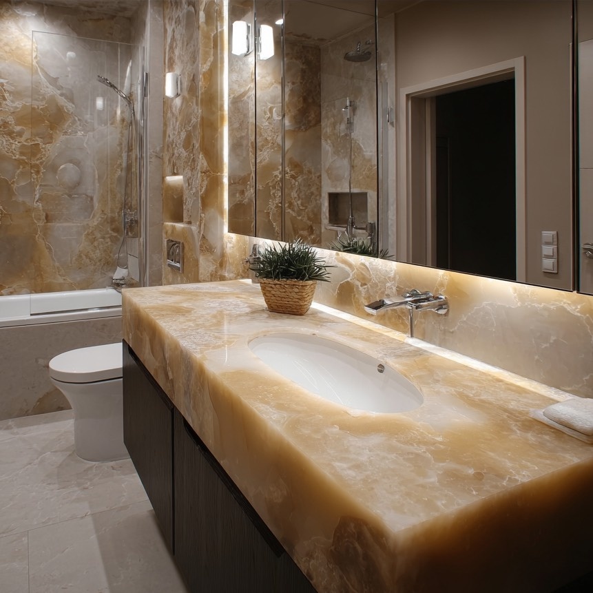 На иллюстрации: ванная комната с отделкой из натурального камня