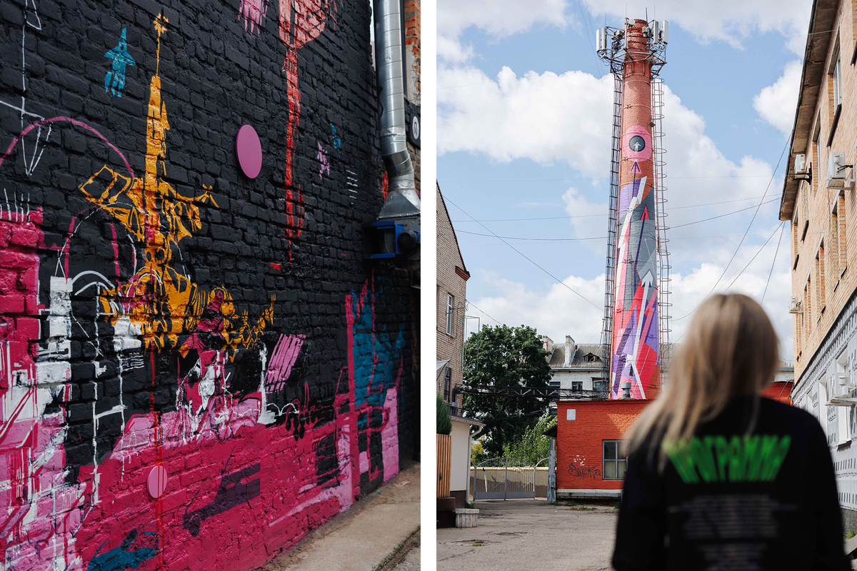    Слева: Степан Краснов и Алексей Васильев, «Космополис» / Aesthetics Group, граффити на трубе на Театральной