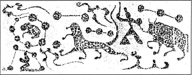 Звезды Пастух и Ткачиха – каменный рельеф с изображением 28 Лунных Созвездий из захоронения династии Хань (202 до н.э. – 220 н.э.)