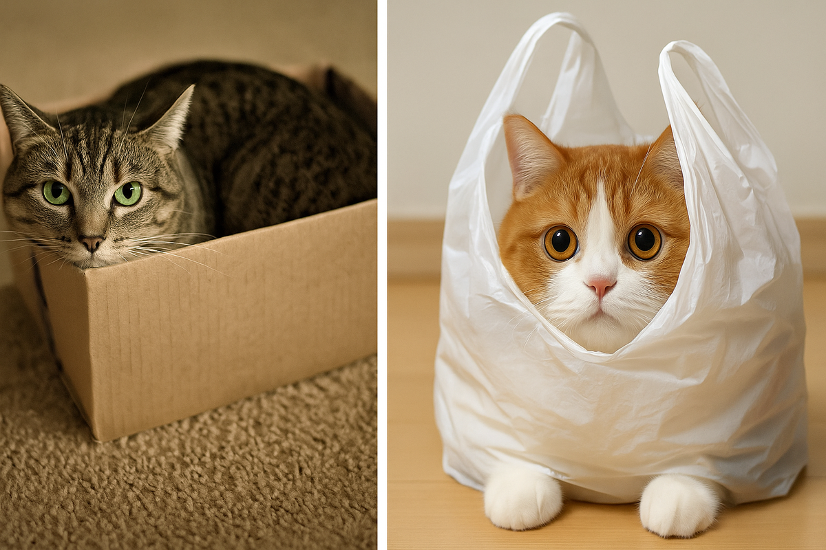 Смешная обложка с котами в коробках: пушистые питомцы забираются в картонные коробки и пакеты, уютно сидят, смешно позируют и вызывают улыбку. Коты и коробки — самые милые и смешные фото для статьи о том, почему кошки любят коробки и пакеты