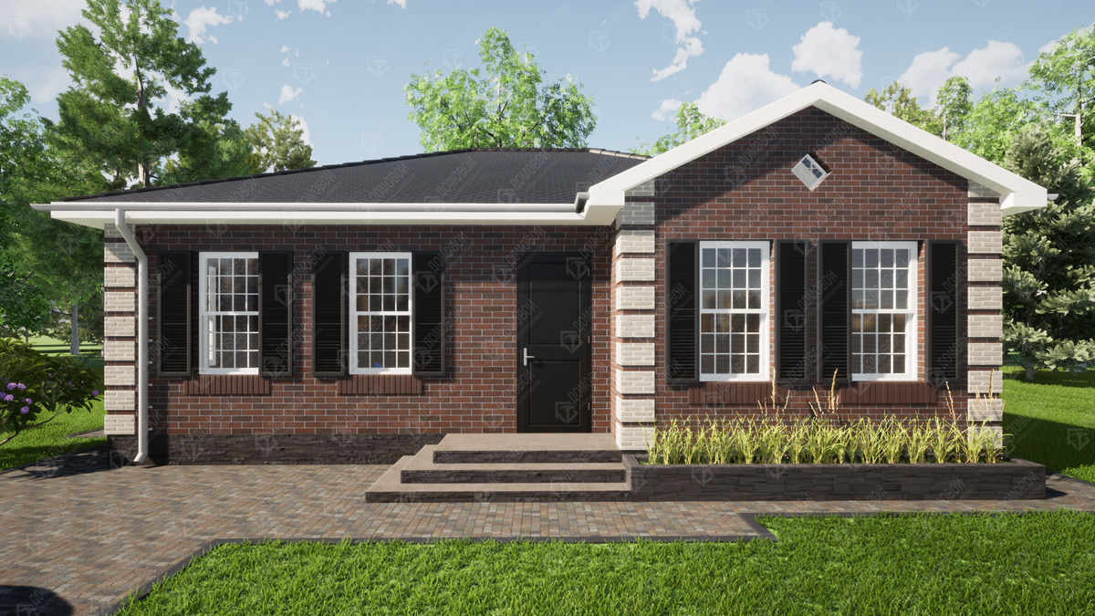 Визуализация, предшествовавшая строительству. Заказчик выбрал другой кирпич и внёс ряд корректировок