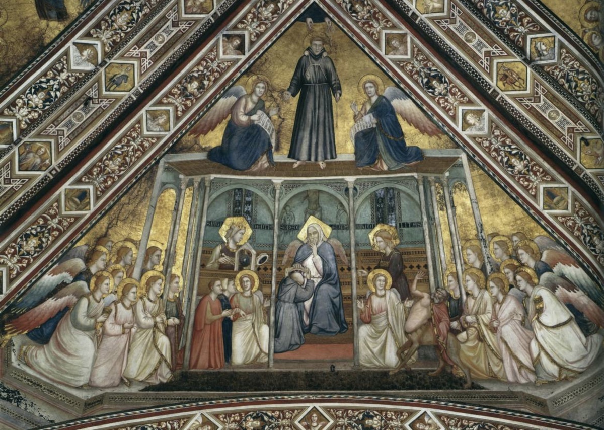 Джотто и ученики, росписи нижней церкви Святого Франциска в Ассизи, «Святой Франциск и аллегория Послушания», ок. 1260-63 гг. Фреска. Базилика св.Франциска, монастырь Сакро-Конвенто, Ассизи, Италия. 