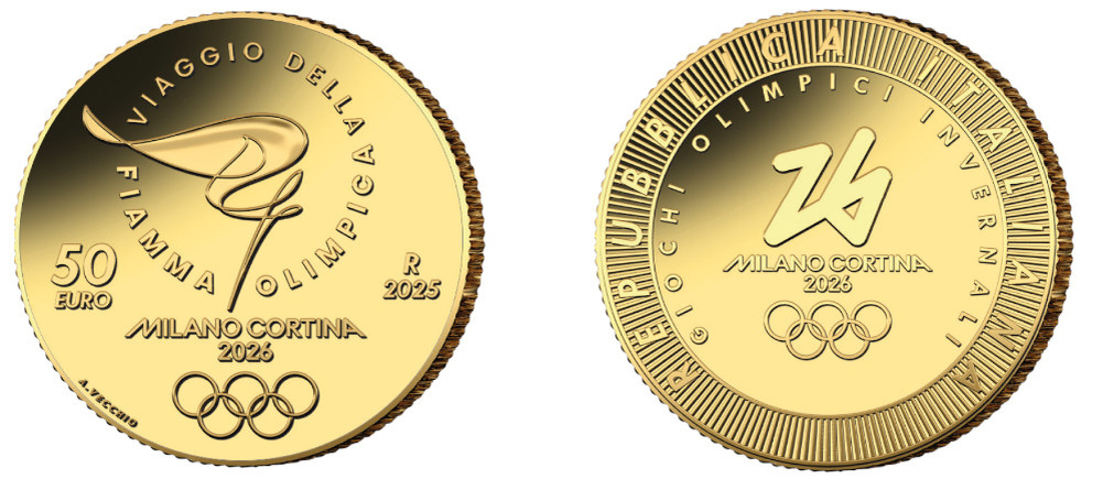    Италия 50 евро золотая монета 2025 Олимпийский огонь Милан-Кортина - Мешок Монет