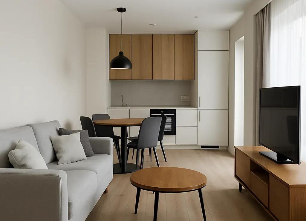 На фото квартира с отделкой в светлых тонах и мебелью