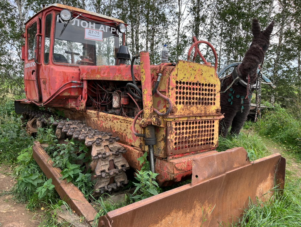 Фото старшего сына автора. ДТ–75 "Почтальон". Бульдозер прошлого века, рядом с макетом лошади. Лошадь с удивлением смотрит на младшего брата, имеющего под капотом целый табун лошадей.