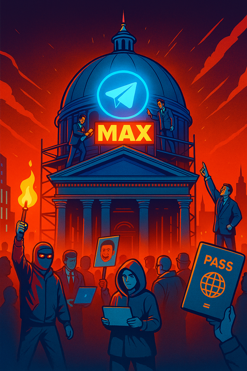Футуристическая карикатура: чиновники в строгих костюмах строят огромный храм в стиле Telegram, но на куполе висит надпись “MAX”. Внизу — толпа людей: одни с авоськами и паспортами, другие с факелами, мемами на плакатах и ноутбуками. Атмосфера постиронии: смесь киберпанка и советской агитки, с неоновой подсветкой. Ярко, дерзко, абсурдно, с юмором.