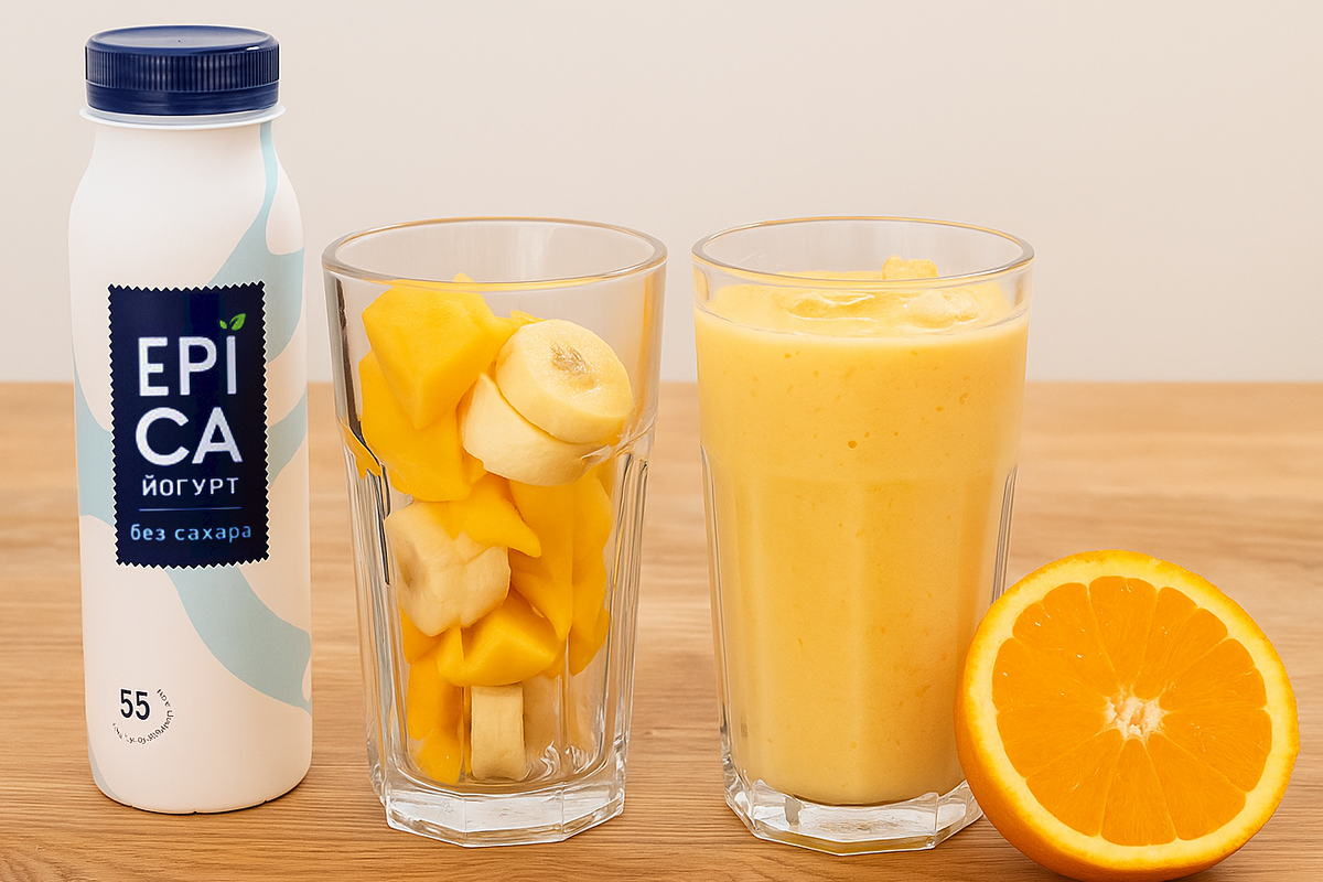 Смузи из ананаса, манго, банана на апельсиновом соке с йогуртом