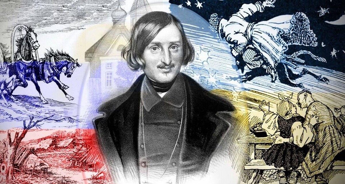 Справа "Вечера на хуторе...". слева - Русь-тройка. В центре Н.В.Гоголь.