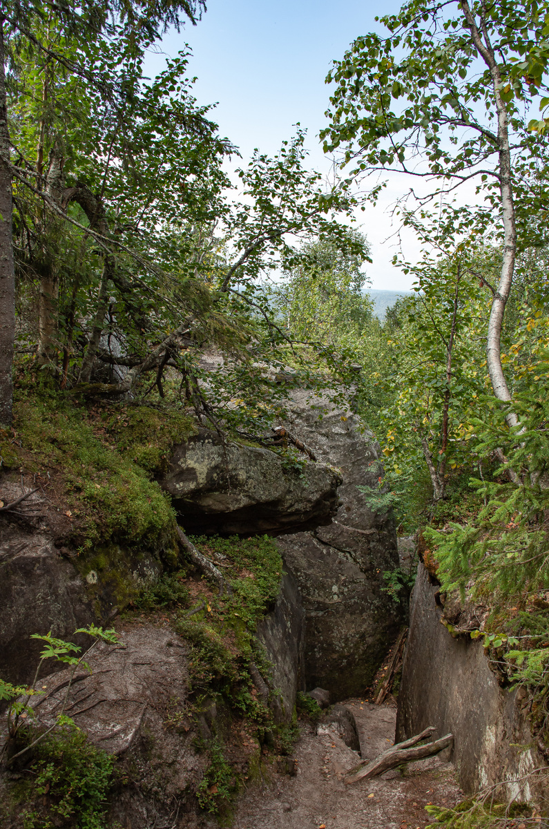 Тропа в Каменном городе. резко уходит в низ. Спускаться  по ней нужно осторожно, держась руками за "стены".