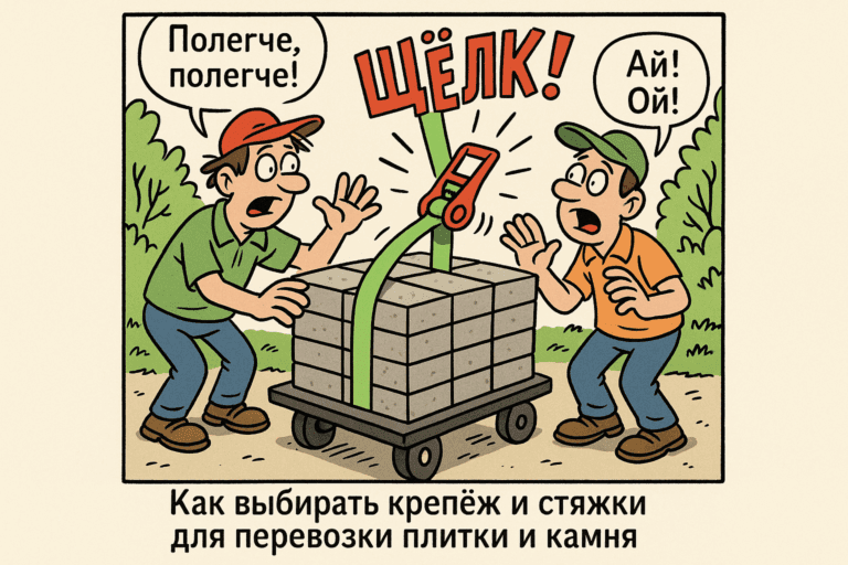    На изображении представлены различные виды стяжных ремней, которые помогут надежно зафиксировать плитку и камень при транспортировке. Artem Motomul