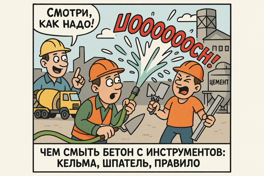    На фото представлены инструменты, загрязненные цементом, и средства для их очистки. Узнайте, как эффективно удалить цементные остатки с кельмы, шпателя и правила!