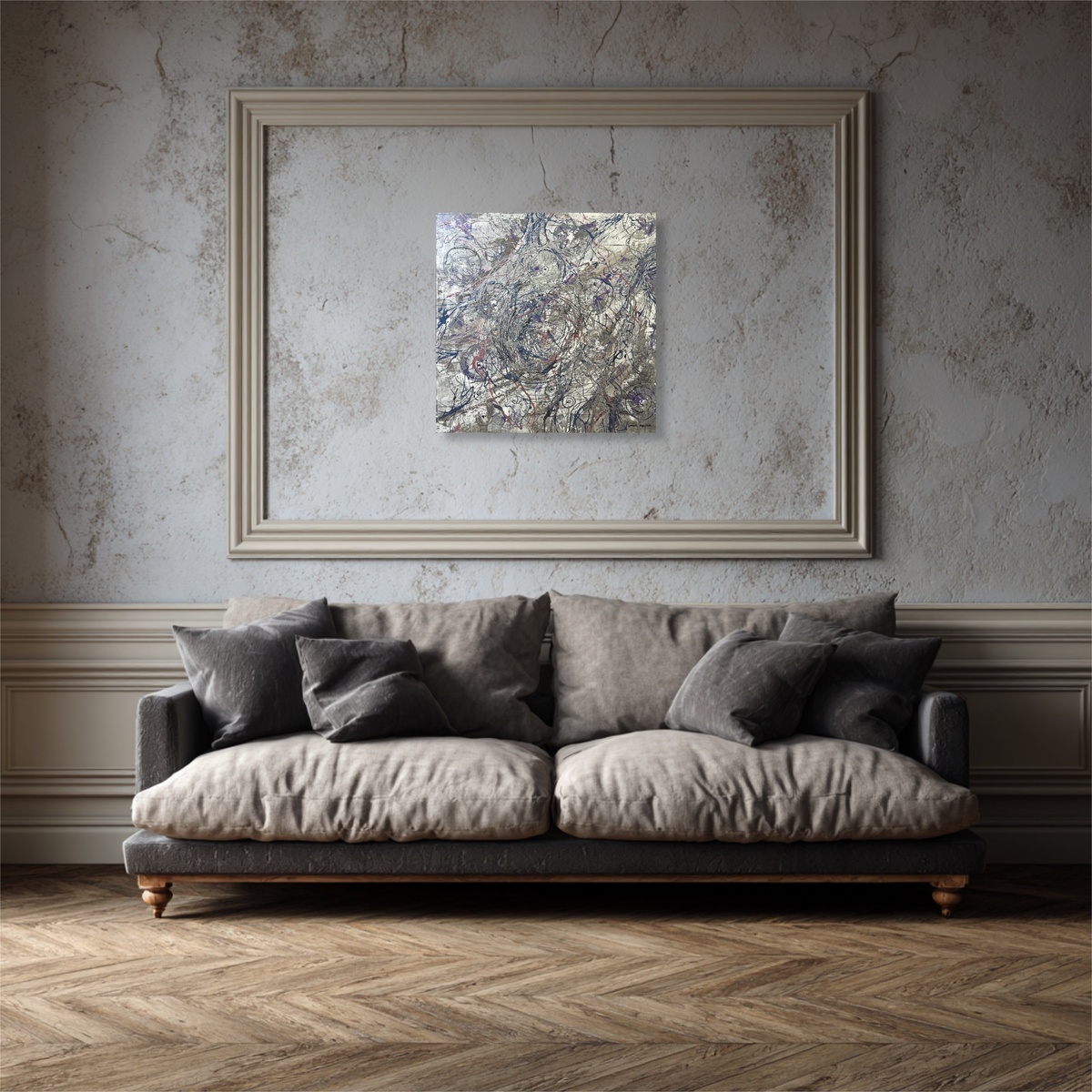 Пример сгенерированного ИИ мокапа гостиной с моей картиной "Вечеринка"