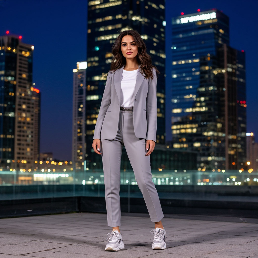 Девушка в сером костюме возле небоскреба