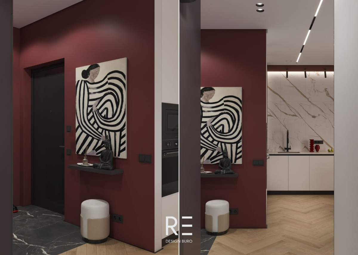 На фото: проект от дизайн-студии RE Design Buro. Квартира в ЖК Энитео. Прихожая и кухня