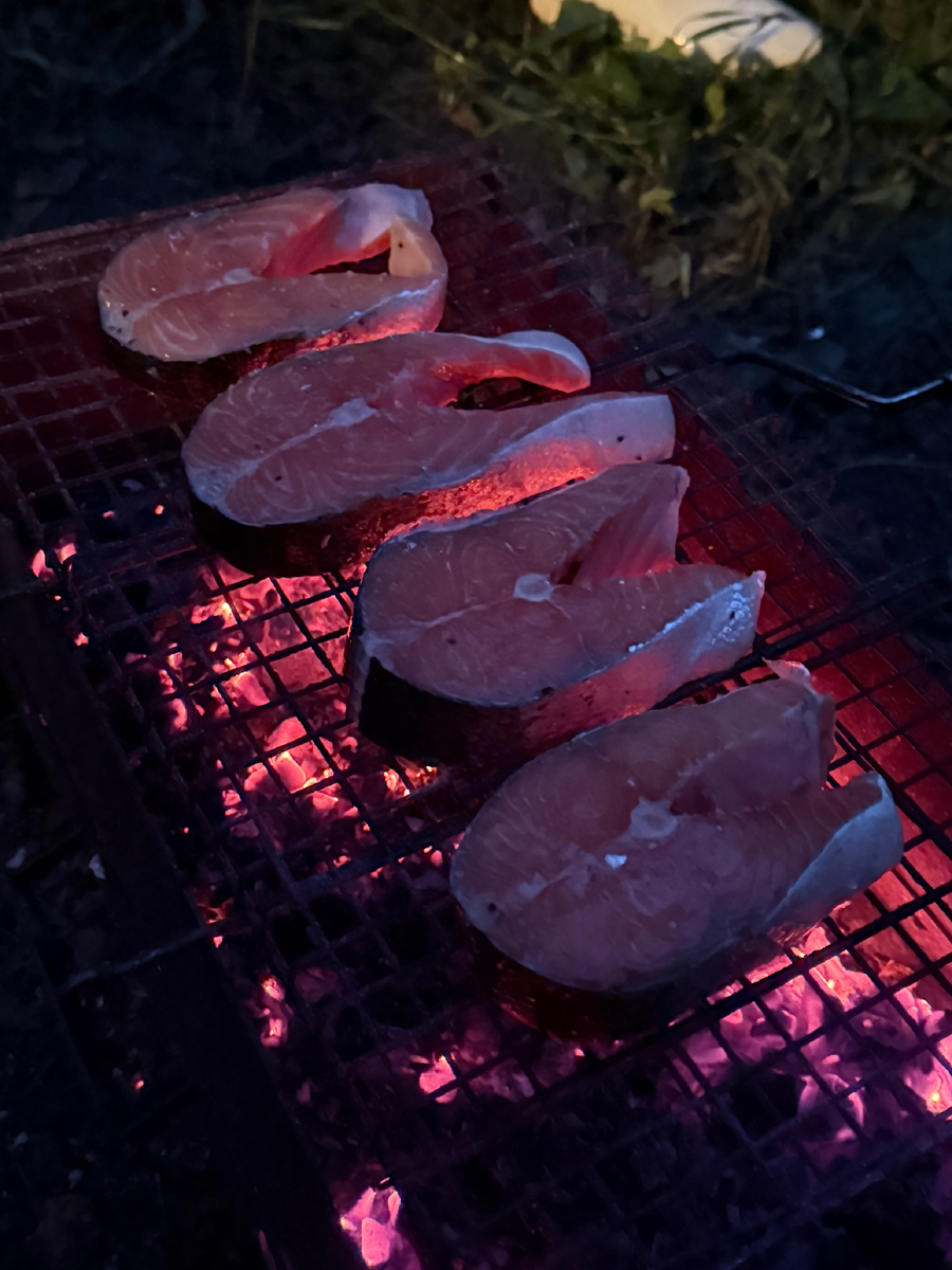 Иногда кажется, что лосось на мангале так аппетитно шипит и «улыбается», что вот-вот расскажет вам свежий рыбный анекдот.