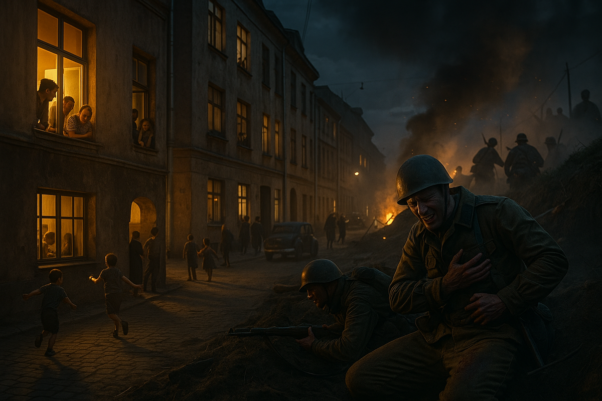 Здесь контраст: Москва уже светит лампами, а на фронте кровь и боль. В одном месте дети смеются на улицах, а в другом солдат получает осколок в грудь.