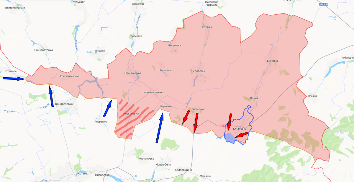 Красными стрелками - направления атакующих действий ВС РФ, синими стрелками - направления атакующих действий ВСУ. Красным штрихом - наш выступ у Алексеевки, синей заливкой - сохраняющееся присутствие противника на юго-западной окраине Юнаковки.