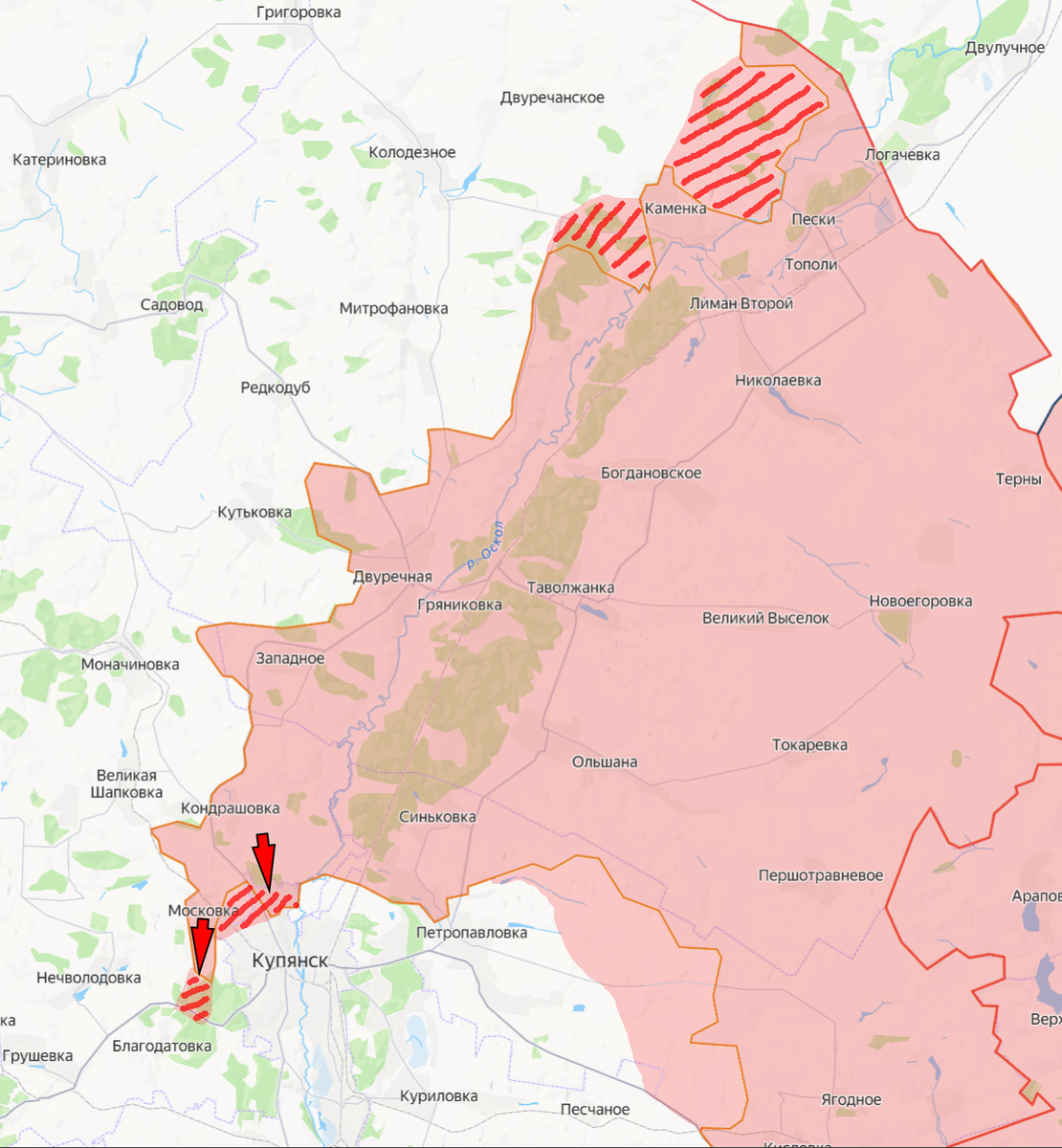 Красными стрелками - направления атакующих действий ВС РФ, красным штрихом - продвижение ВС РФ.
