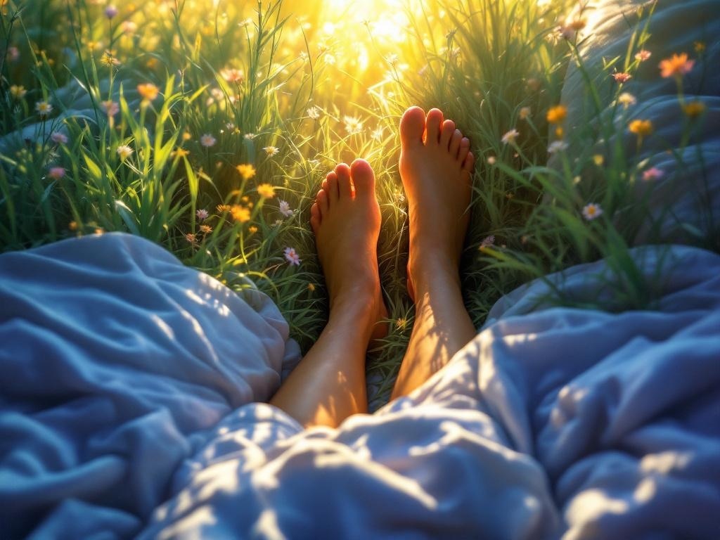    К чему такое снится: На картине изображена поле, зелёная трава, которую омывают лучи солнца. В центре картины - вид снизу на босые ноги человека, который бежит по этой поляне. Вокруг ник