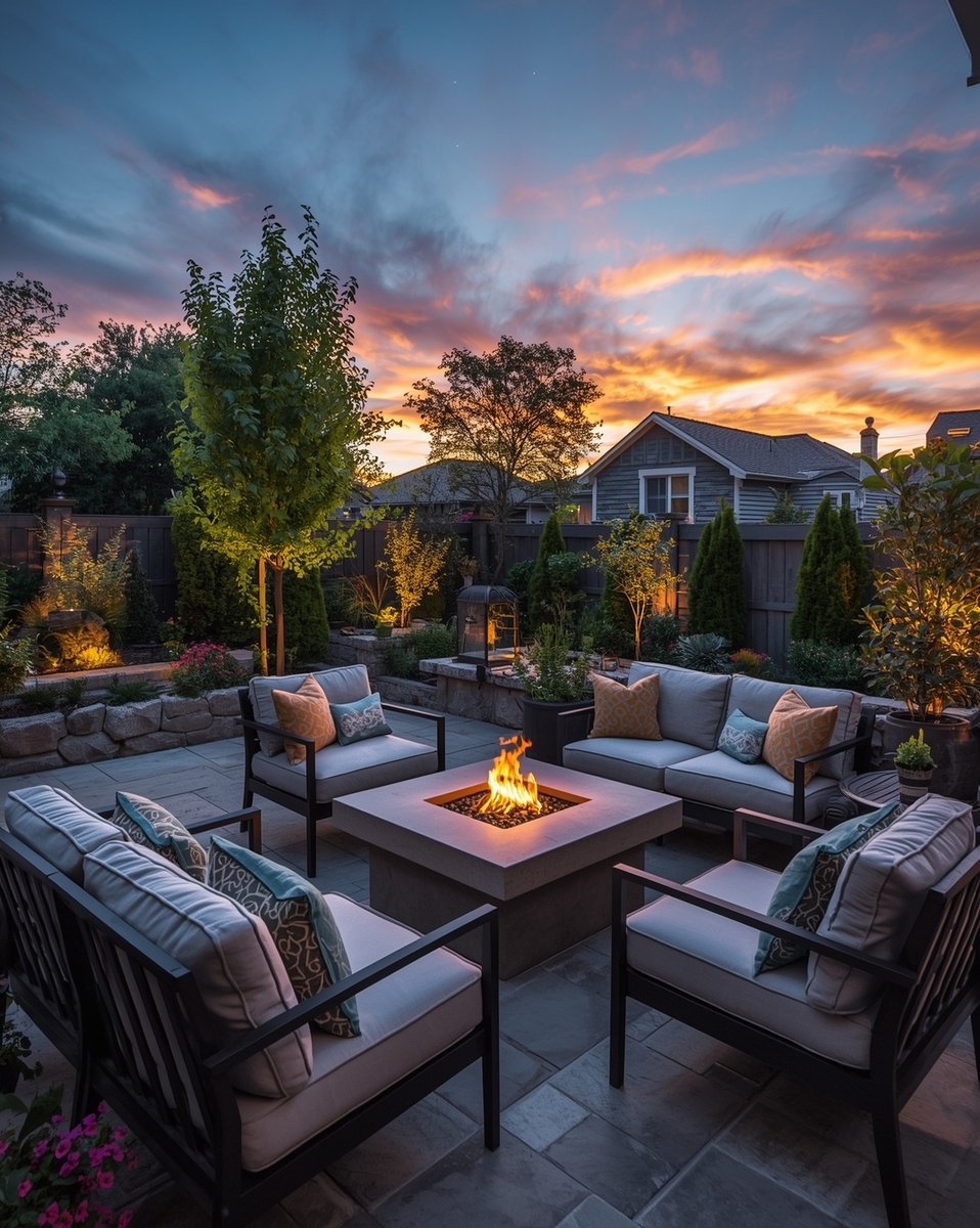 Уютная терраса с современным костровищем, окруженная зеленью и цветами, создает идеальную атмосферу для вечерних встреч на закате.