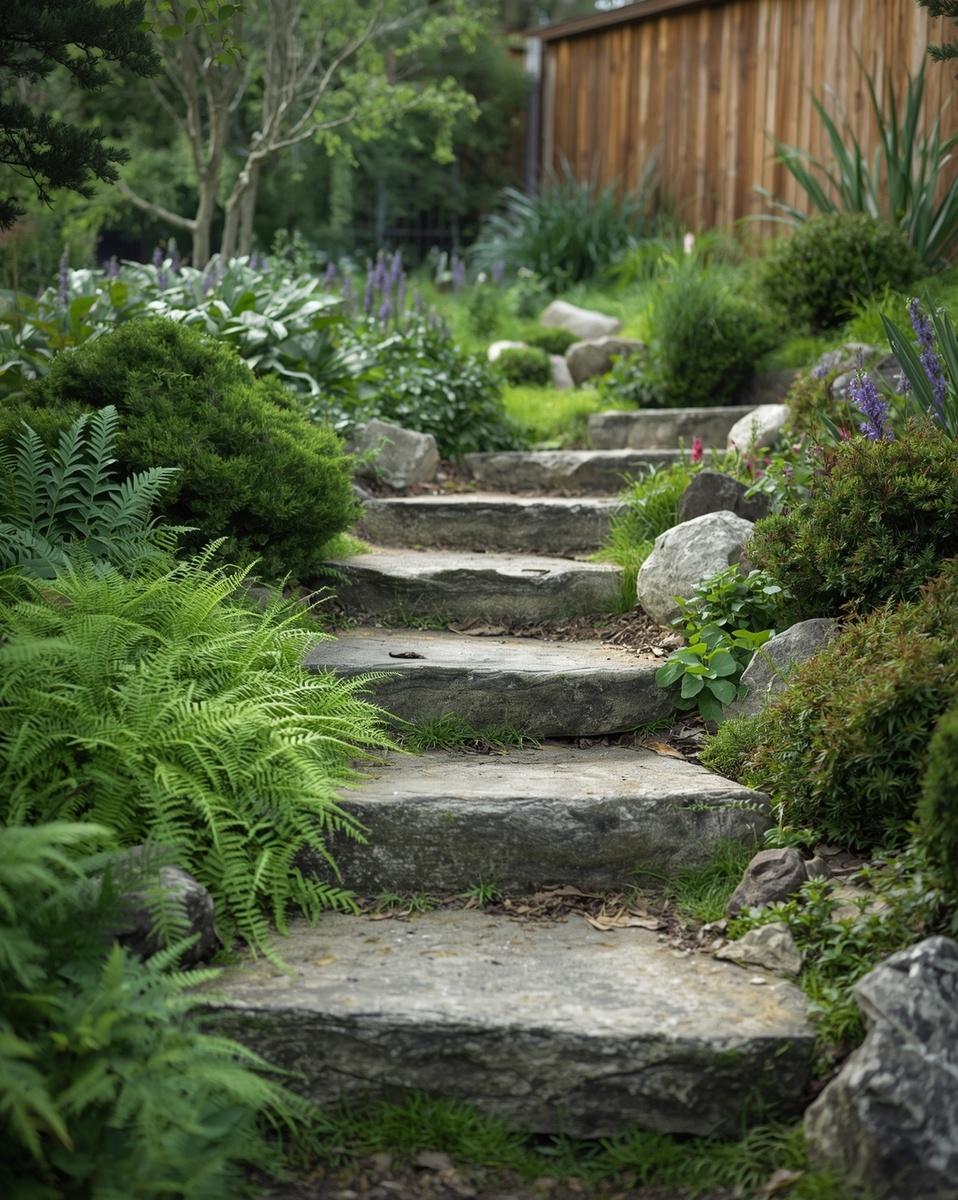 Спокойная садовая дорожка, ведущая через зелень и цветы, создающая атмосферу уюта и гармонии.