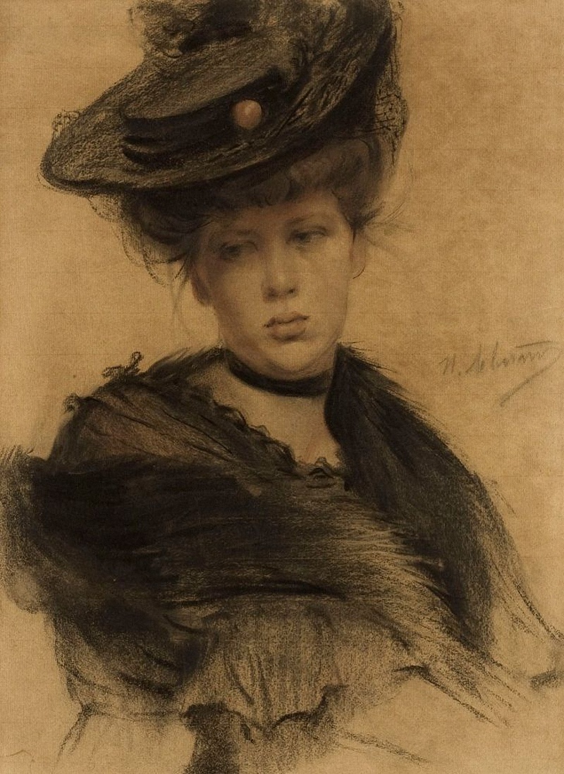 И. Левитан. Портрет А.А. Грошевой. Конец 1880-х - начало 1890-х. Бумага на картоне, уголь, сангина. 58 x 41 см.  Государственная Третьяковская галерея, Москва