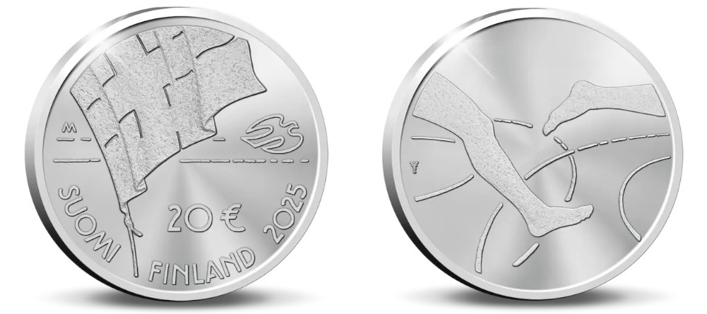    Финляндия 20 евро 2025 серебряная монета 100 лет легкоатлетическому матчу - Мешок Монет