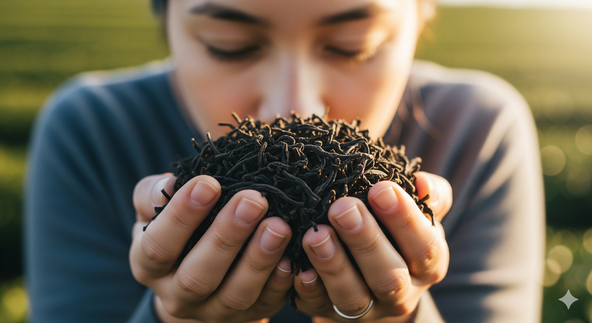 Девушка нюхает горсть сухого чая, чтобы оценить его аромат.