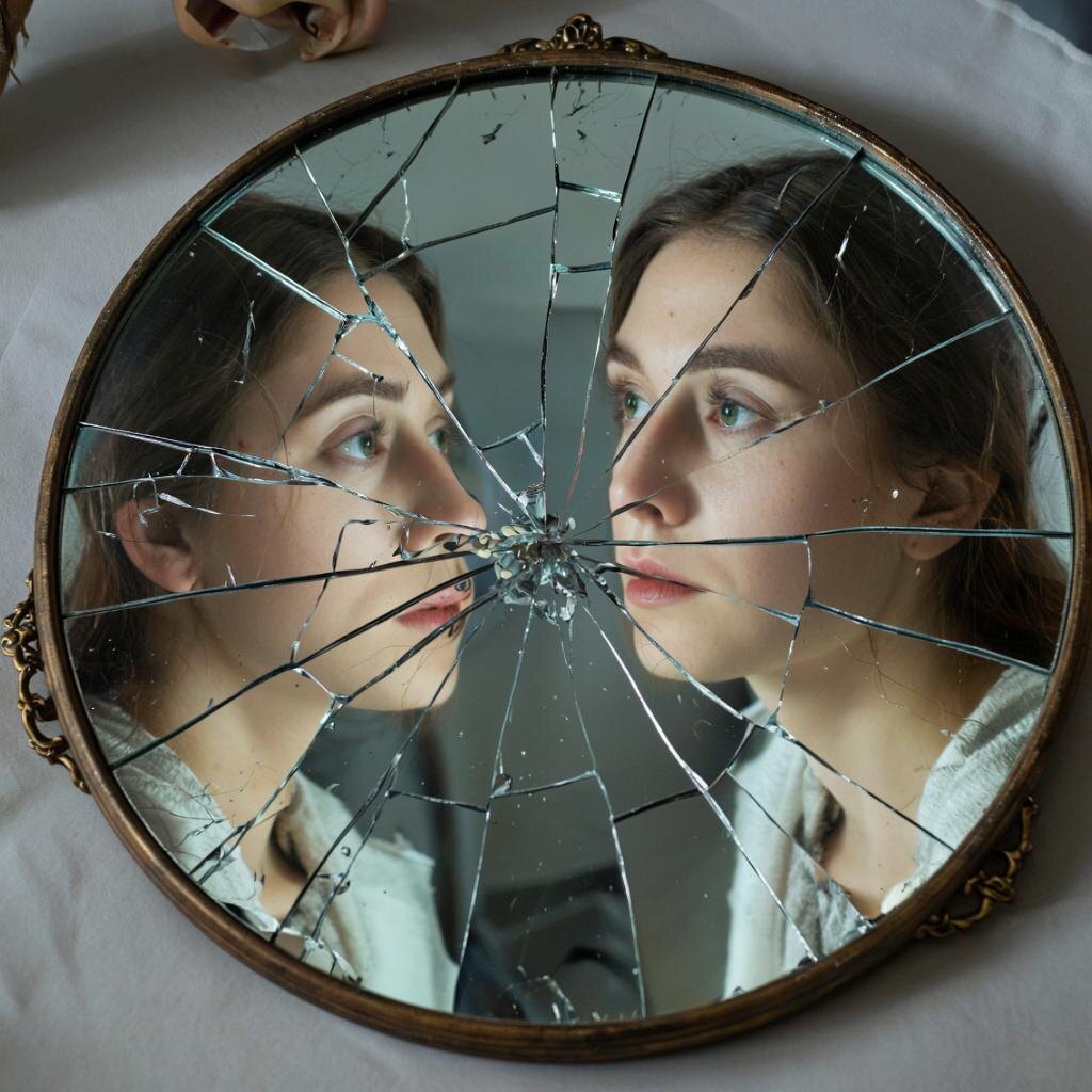 Старое зеркало с потрескавшимся стеклом, женщина смотрится в него, отражение фрагментарное и искажённое.