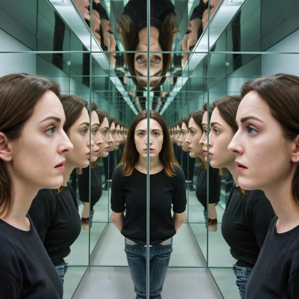 Зеркальная галерея, человек проходит мимо множества зеркал, каждое отражает его с разным выражением лица и настроением.