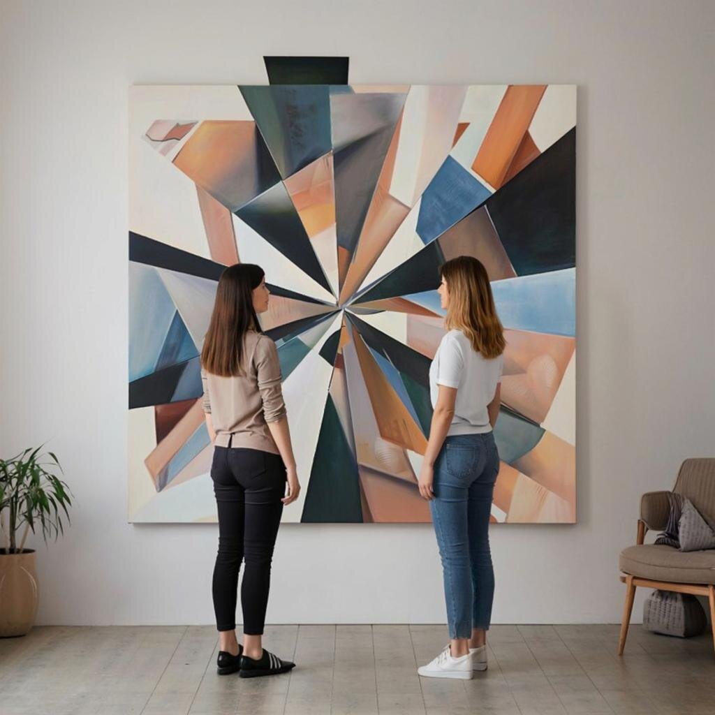 Две девушки стоят перед полотном абстрактной живописи, обе видят разные сюжеты и линии, смотря на одну и ту же картину.