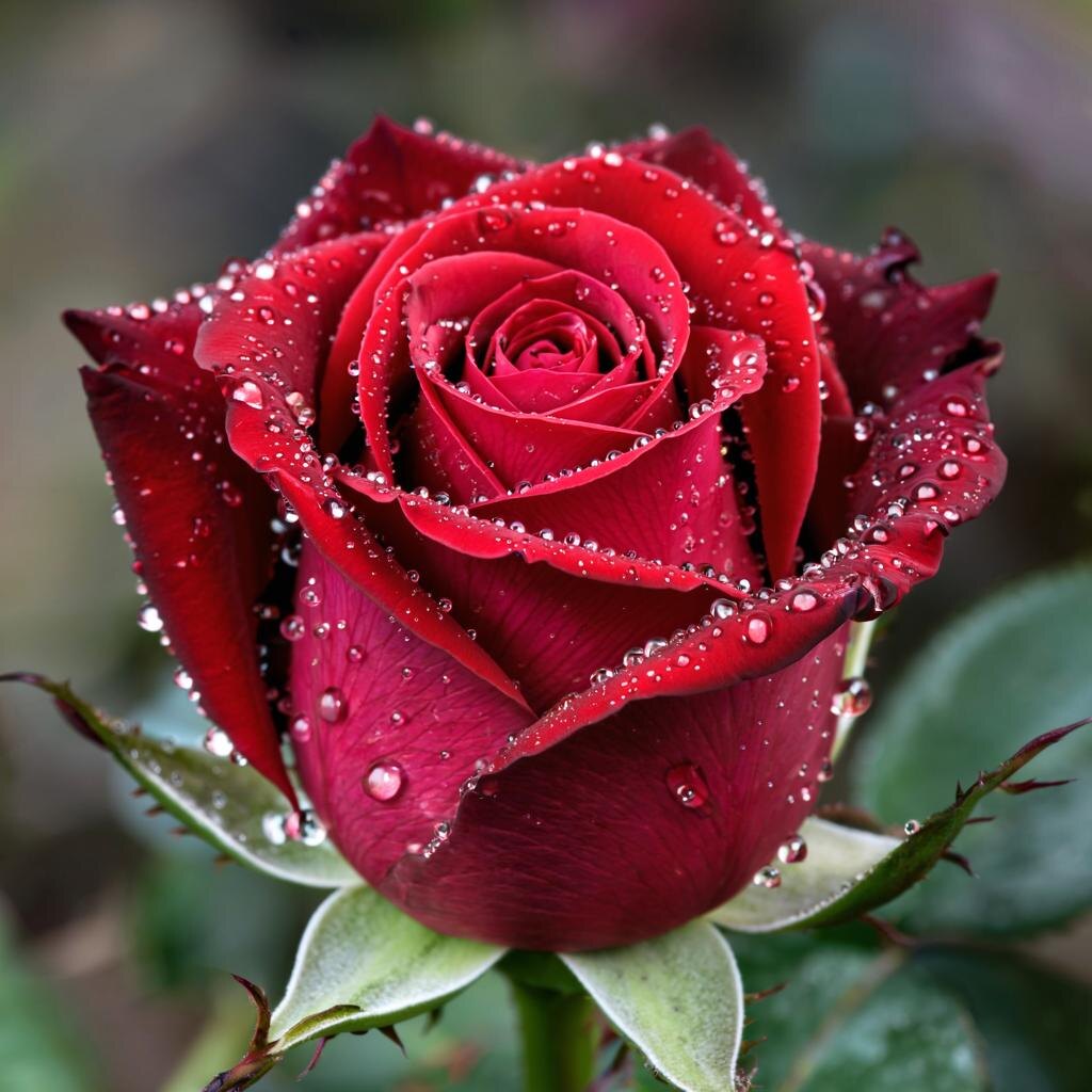 Крупный красный бутон розы, капля росы скользит по поверхности лепестков, нежный аромат проникает в кадр.