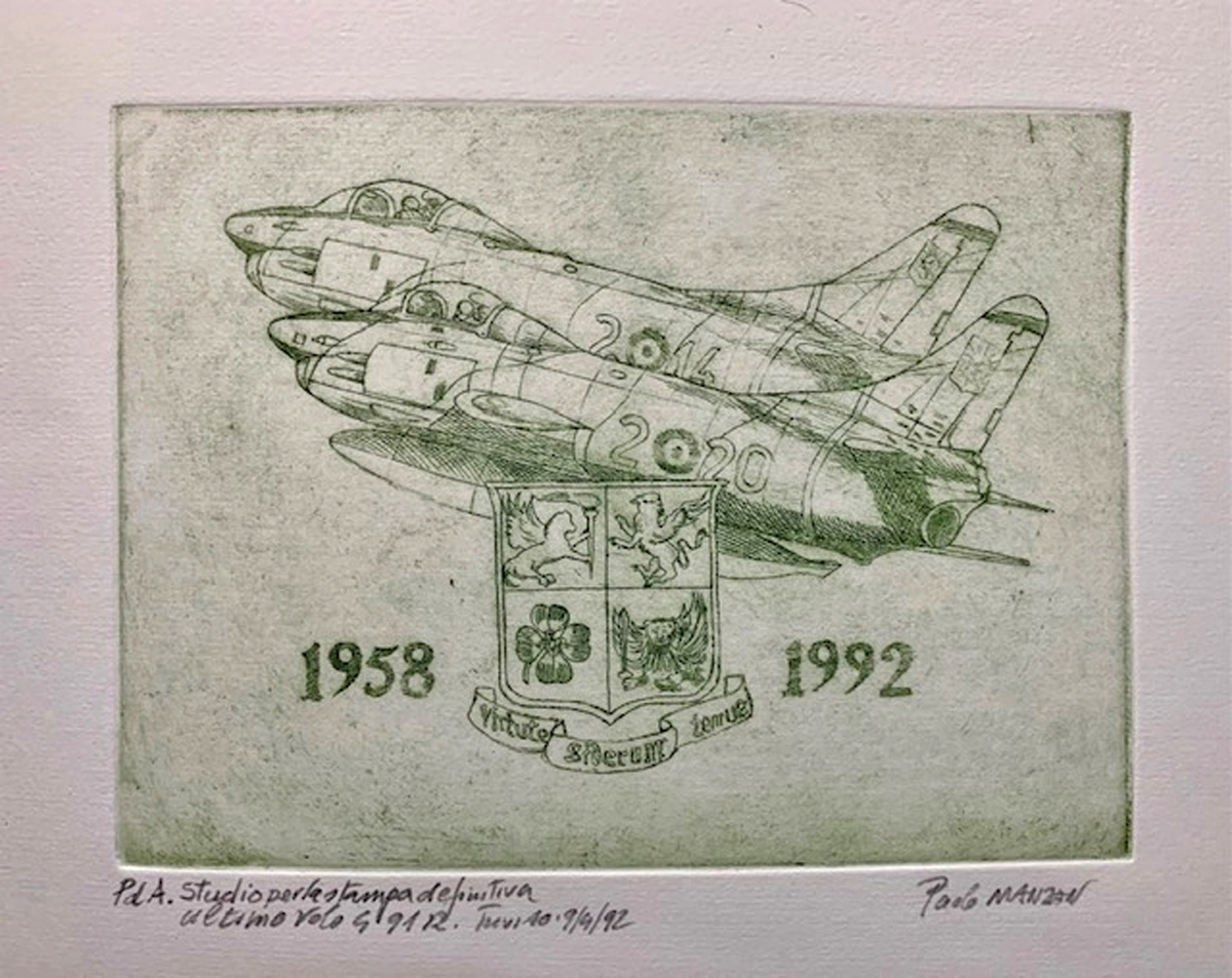 Гравюра, посвящённая последнему полёту G.91R из аэропорта Тревизо (9 апреля 1992 года)