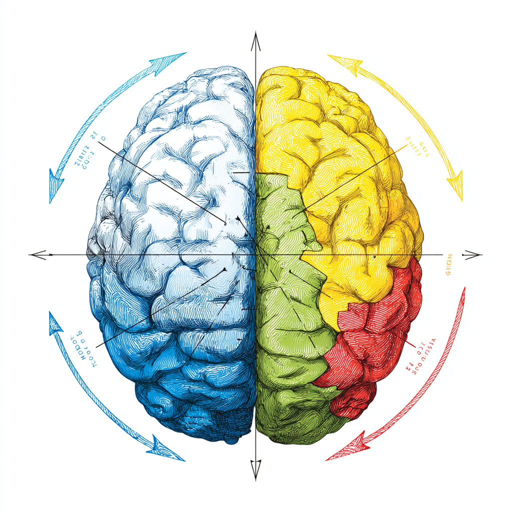 префронтальная кора (синий), зоны восприятия (зеленый), области памяти (желтый), система вознаграждения (красный).
