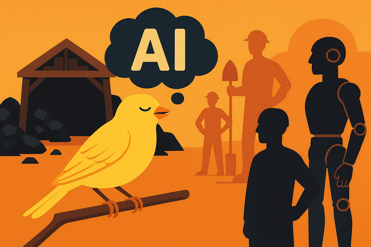 Картинка символически изображает «канареек в шахте» как метафору влияния искусственного интеллекта на занятость: яркая птица и шахтёры соседствуют с силуэтом робота, подчеркивая предупреждающий сигнал об изменениях на рынке труда.
