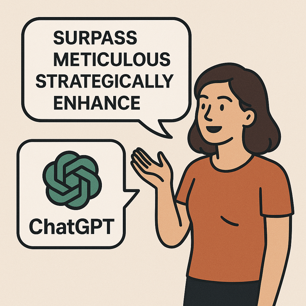 Картинка иллюстрирует влияние ChatGPT на речь: человек произносит слова «surpass», «meticulous», «strategically», а рядом показан логотип ChatGPT, подчёркивающий проникновение «ИИ-баззвордов» в повседневное общение.