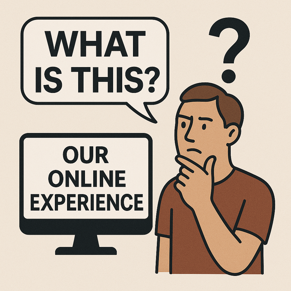 Картинка отражает философскую практику постоянного вопроса «Что это?» применительно к цифровому опыту: человек с вопросительным знаком над головой задумчиво смотрит на экран, где написано «Our Online Experience».