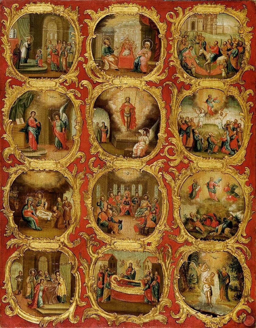 Неизвестный художник середины 18 века. Икона: Двунадесятые праздники. Эрмитаж