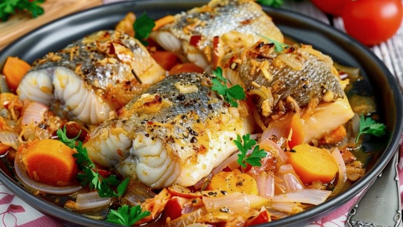 Минтай с овощами на сковороде