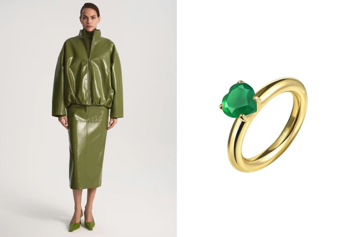 Бомбер и юбка 1811stores, 22 990 руб и 13 990 руб; Кольцо c изумрудным агатом Moonka, 8 640 руб