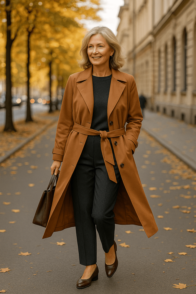 Классический тренч длиной до середины икры или чуть ниже колена, с подвижным поясом, аккуратными лацканами и одним рядом пуговиц.