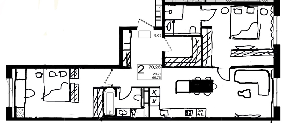 Эскизная планировка квартиры «после», теперь она отвечает всем базовым принципам. Сделана буквально за час.