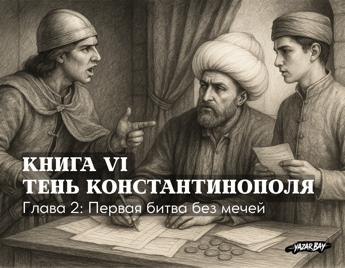 Осман-султан и его сыновья, Орхан и Алаэддин, в военном совете обсуждают, как ответить на экономическую блокаду, устроенную Генуей. ©Язар Бай