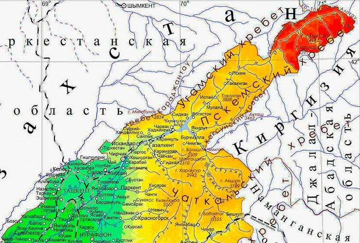 Северо-восток Ташкентской области. Долина Ойгаинга выделена красным. Фото Андрея Кудряшова/«Фергана»
