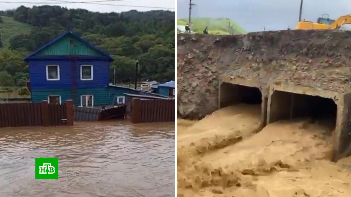    Люди на крышах и дома под водой: кадры наводнения на Сахалине