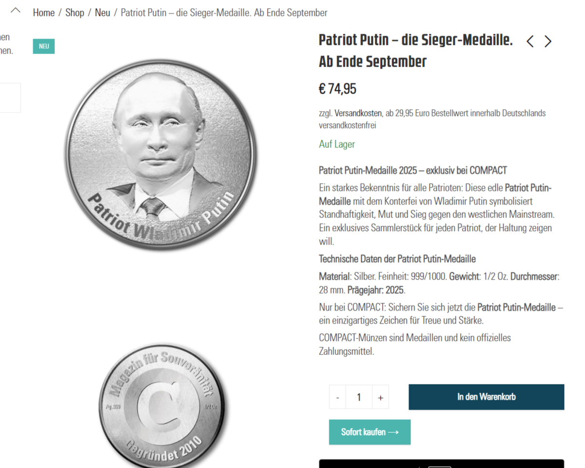    В Германии выпустили медаль из благородного металла в честь Владимира Путина