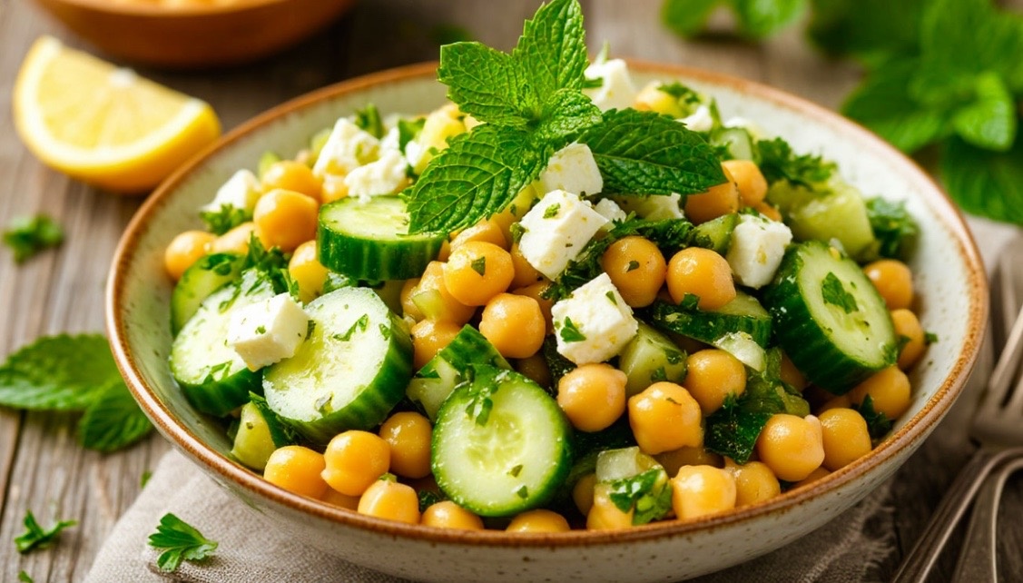 Салат из огурцов и нута с сыром фета.