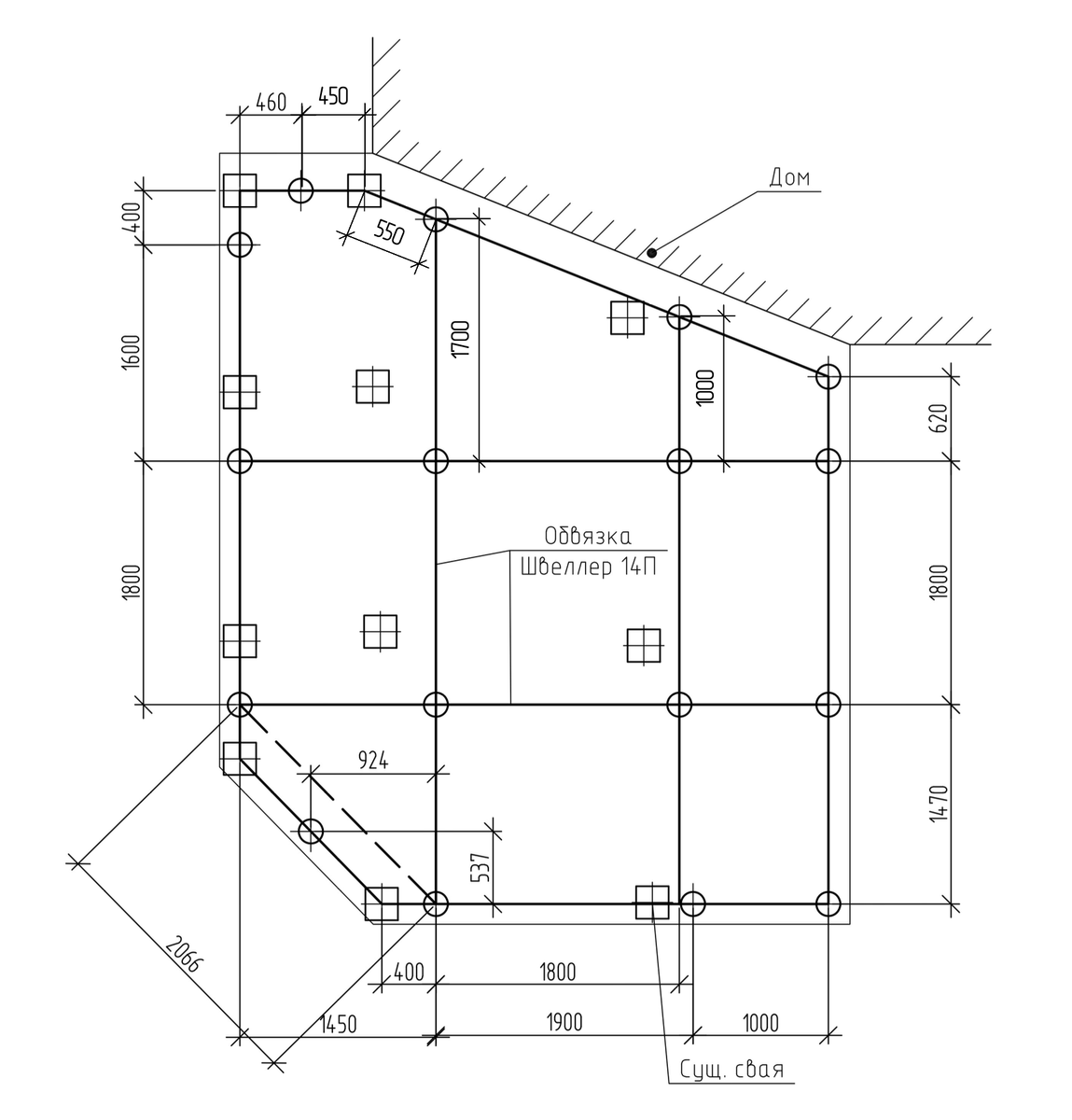 План свайного поля. Можно заметить квадратные отметки «существующая свая» — там в грунте «покоятся» остатки бетонных свай от старой террасы 