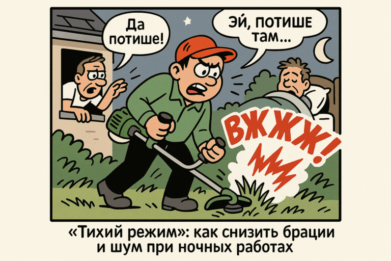    На иллюстрации показаны эффективные методы снижения шума и вибраций при ночных работах. Artem Motomul